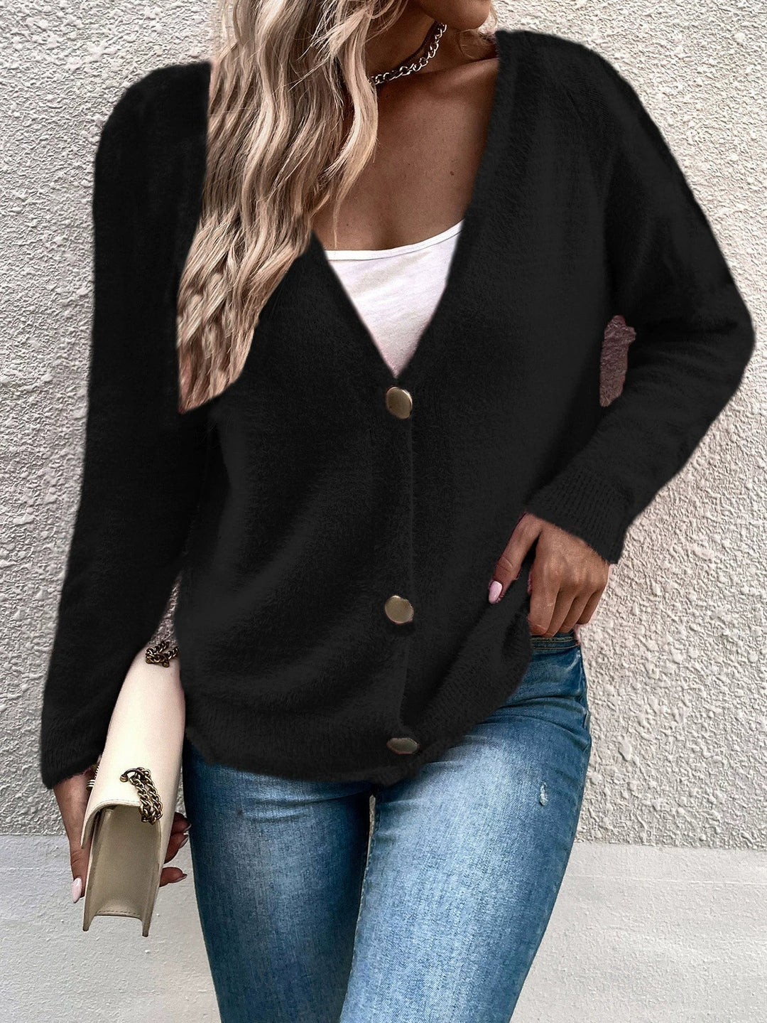 Reinette - Cardigan Décontracté en Maille Col V Boutonné