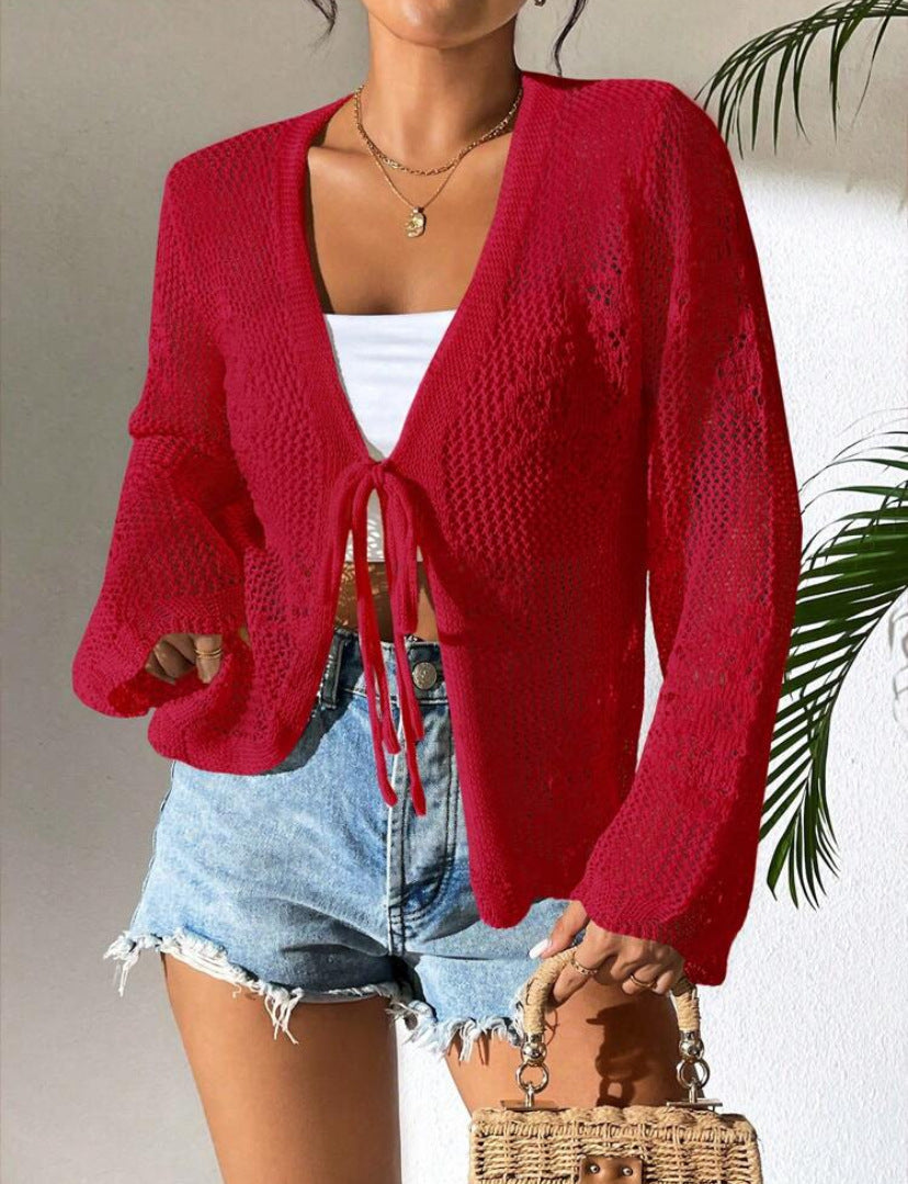 Rozlyn - Cardigan ample élégant ajouré à nouer sur le devant