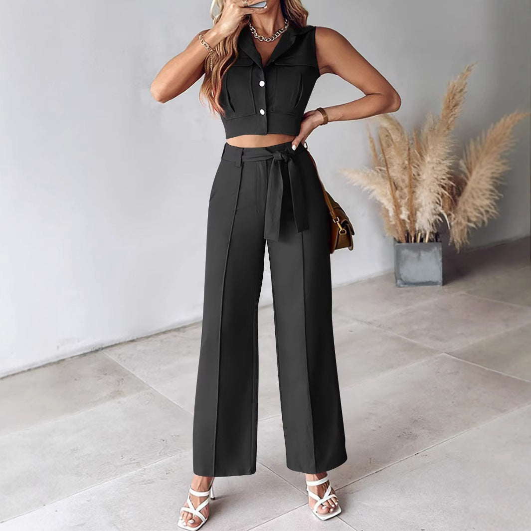 Anna - Ensemble stylé crop top sans manches et pantalon taille haute