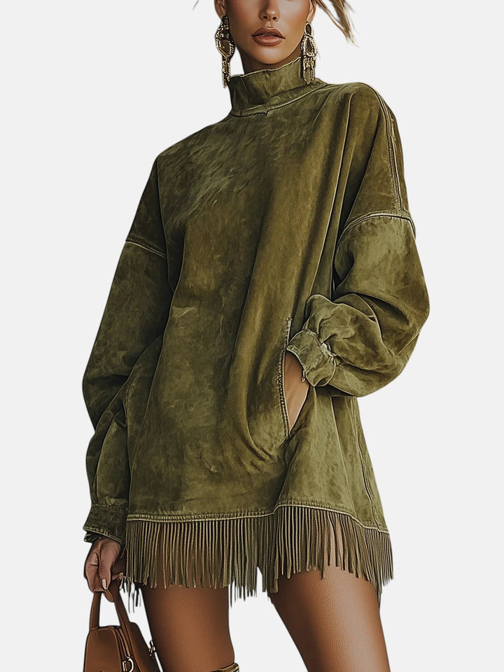 Valeth - Robe chaude en suédine avec franges et manches longues