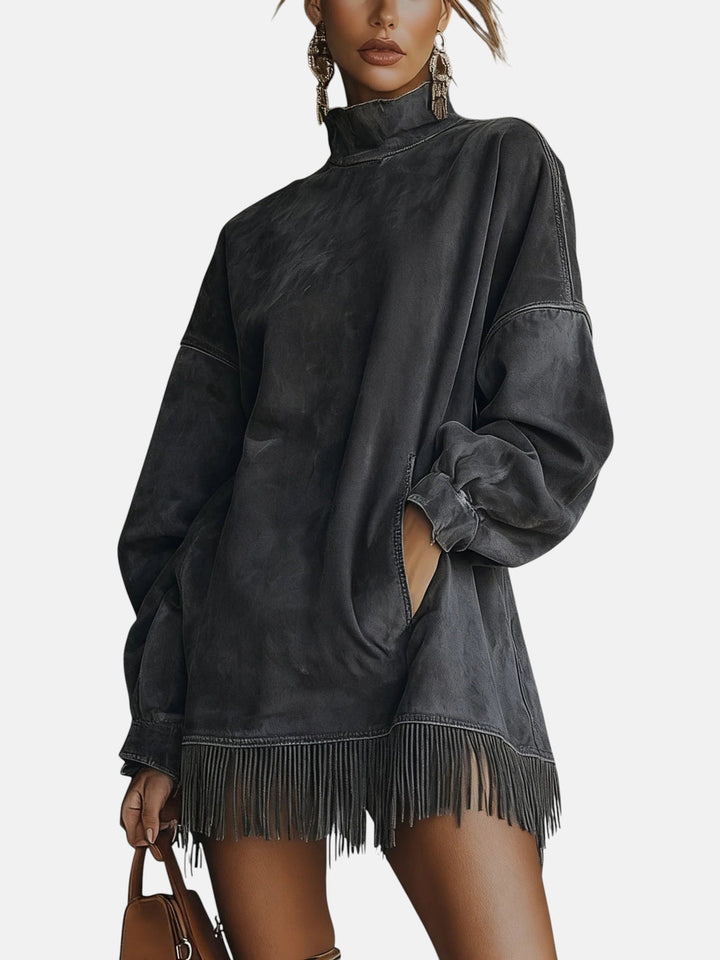 Valeth - Robe chaude en suédine avec franges et manches longues