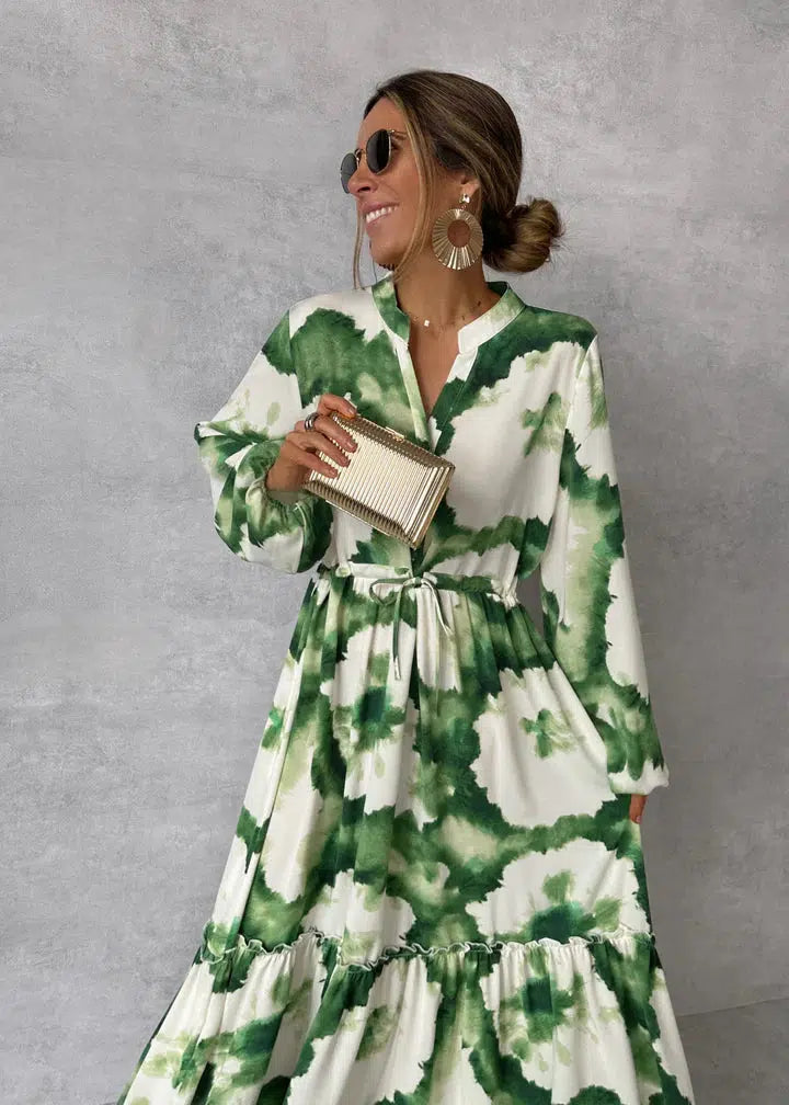Robe maxi pour femmes - manches longues - col en V - design fluide élégant 1