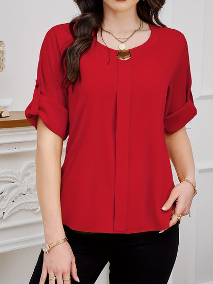 Joselyn - Blouse élégante stylée à col rond plissé avec manches retroussables