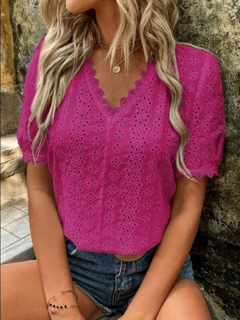 Freya - Chemisier stylé ajouré col en V à manches courtes
