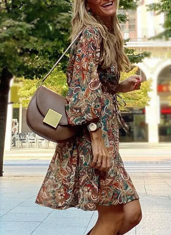 Rufina | Robe Boho Imprimée à Manches Longues pour Femmes
