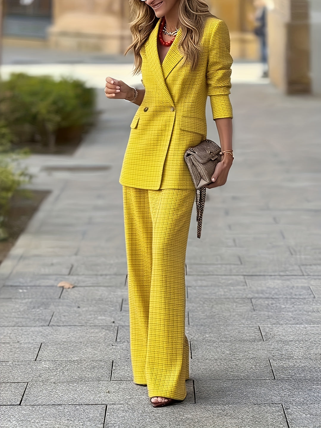 Quinivere - Ensemble élégant blazer à carreaux et pantalon large
