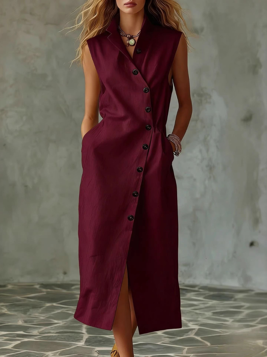 Braelyn - Robe décontractée ample sans manches à col montant et boutons