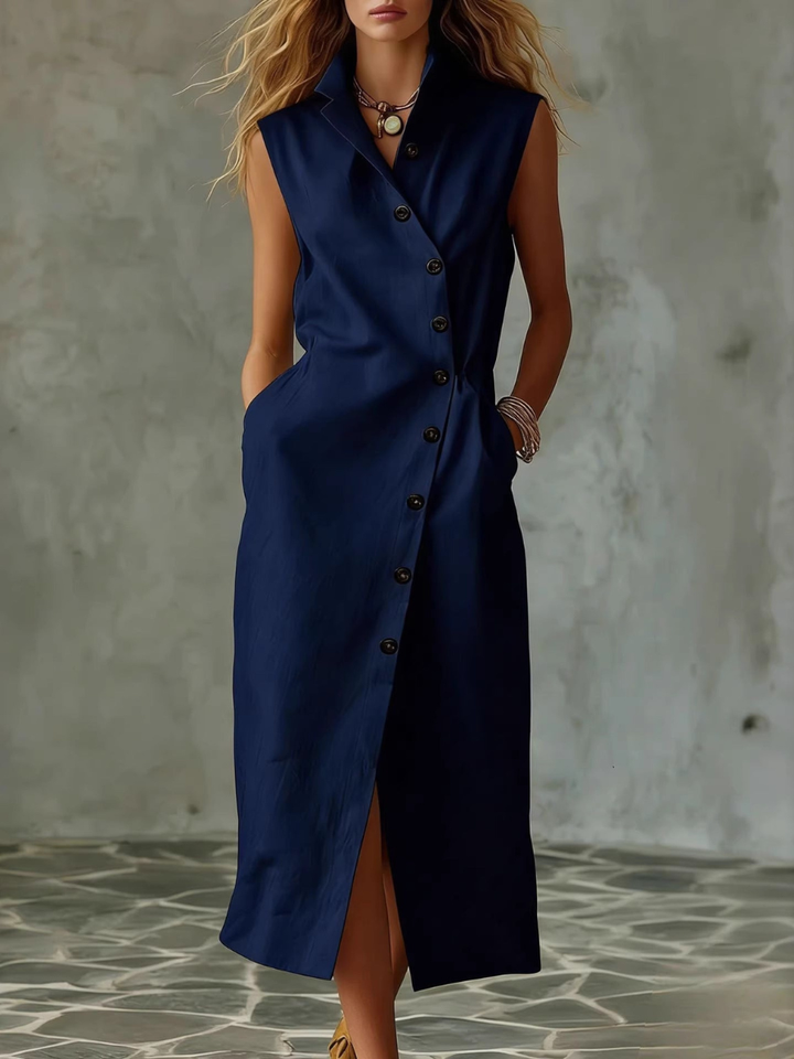 Braelyn - Robe décontractée ample sans manches à col montant et boutons