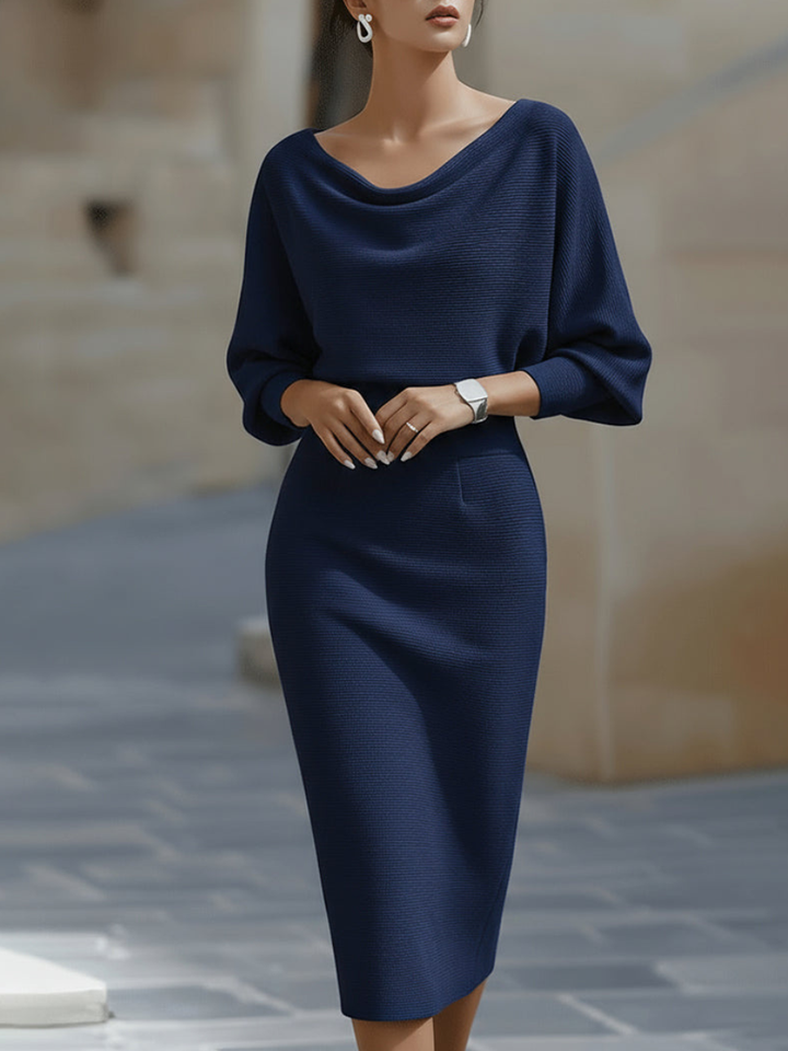 Eliza - Robe midi élégante à col drapé et manches longues amples