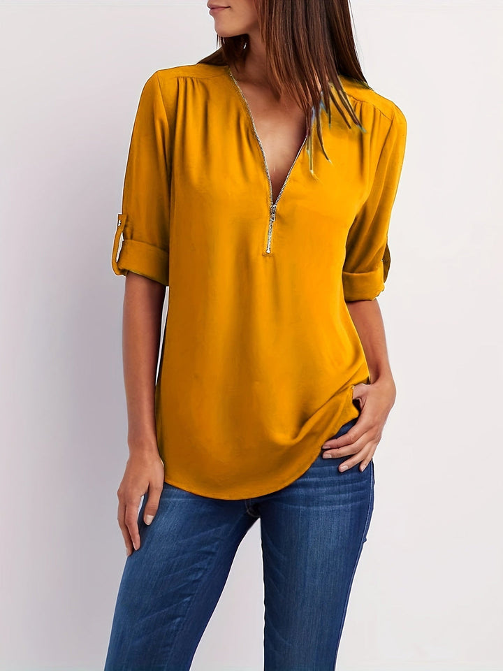 Wilanna - Blouse élégante à col en V avec manches retroussables et zip quart
