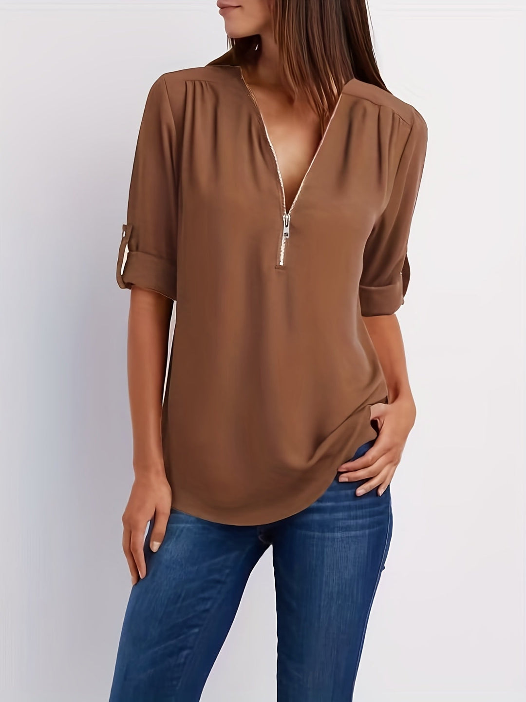 Wilanna - Blouse élégante à col en V avec manches retroussables et zip quart