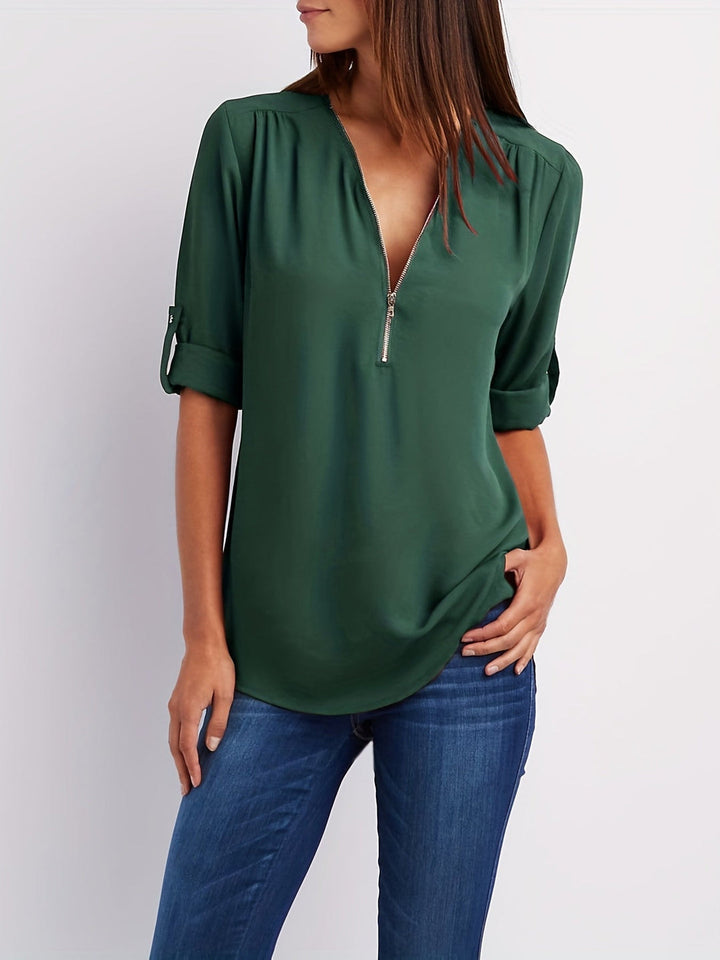 Wilanna - Blouse élégante à col en V avec manches retroussables et zip quart