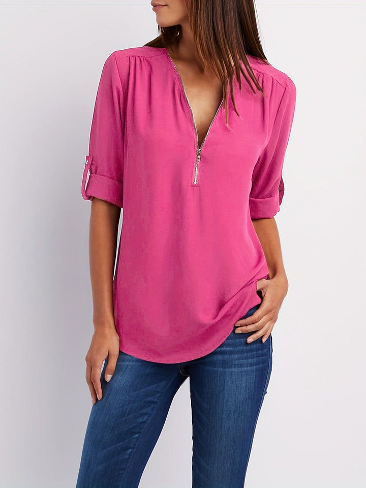 Wilanna - Blouse élégante à col en V avec manches retroussables et zip quart