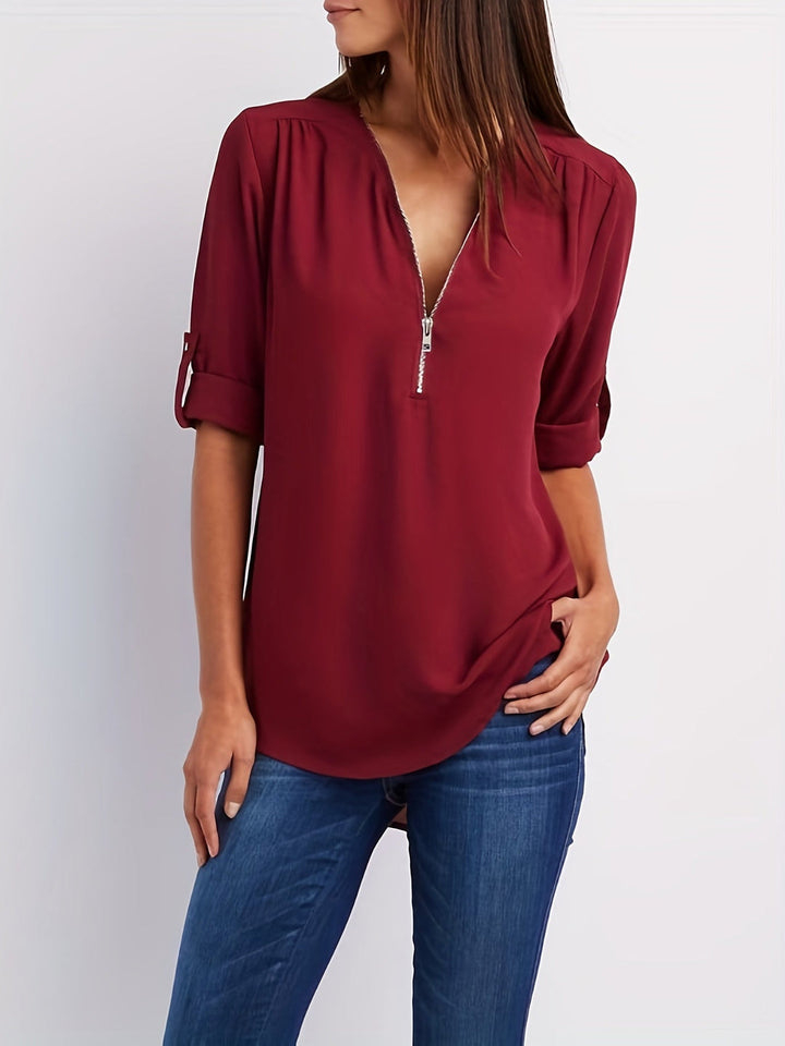 Wilanna - Blouse élégante à col en V avec manches retroussables et zip quart