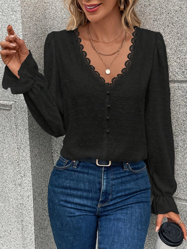 Janela - Blouse élégante à manches longues avec col en dentelle et col en V