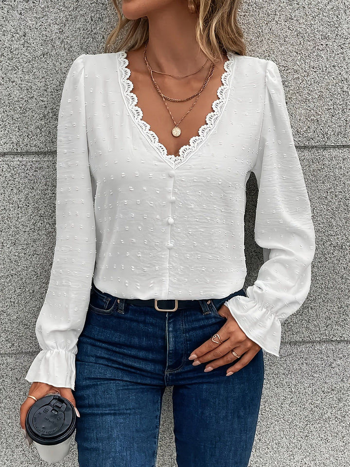 Janela - Blouse élégante à manches longues avec col en dentelle et col en V