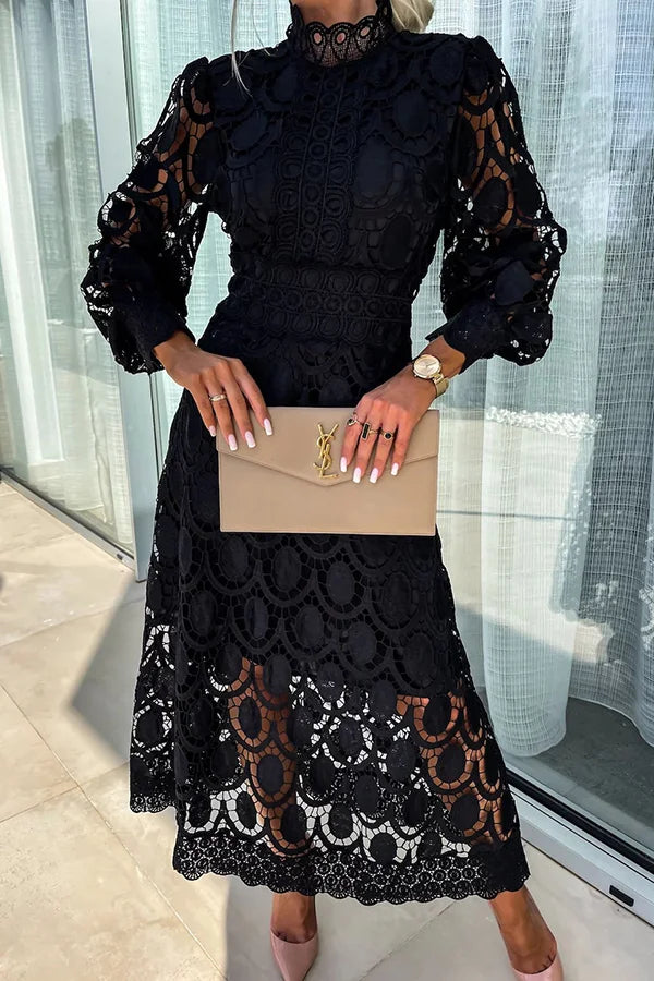 Liah | Elégante robe midi à manches lanterne en dentelle crochetée
