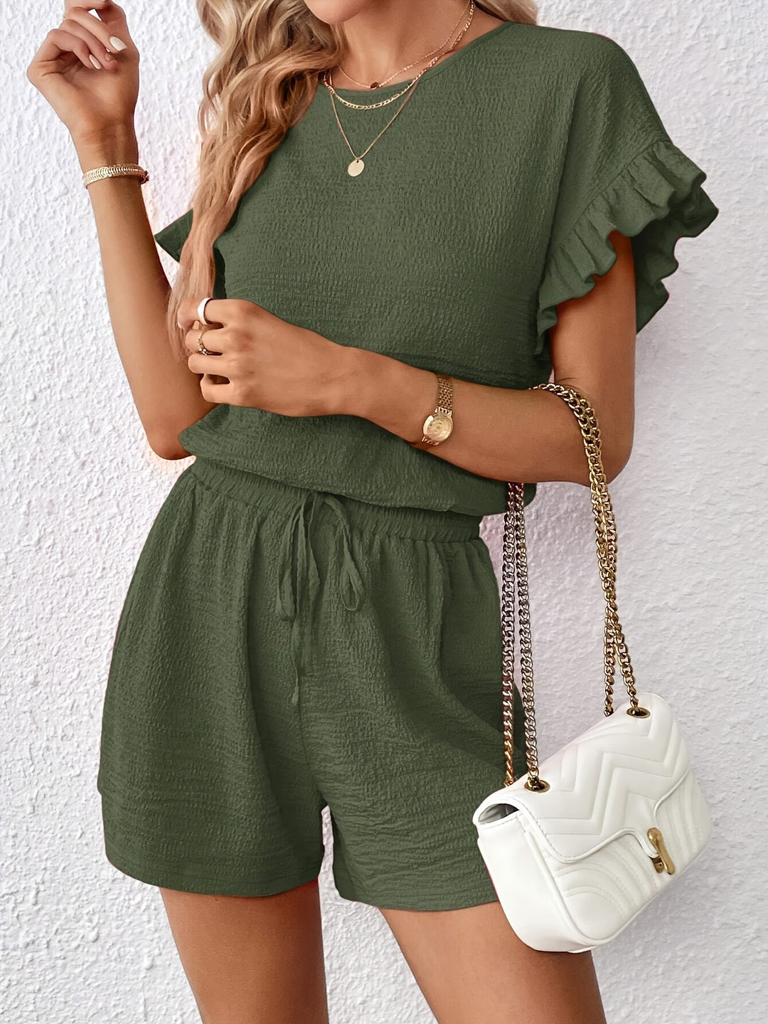 Tamira - Ensemble élégant top à manches courtes à volants et short taille haute à cordon