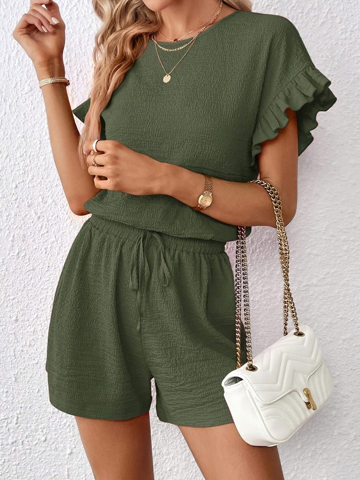 Tamira - Ensemble élégant top à manches courtes à volants et short taille haute à cordon