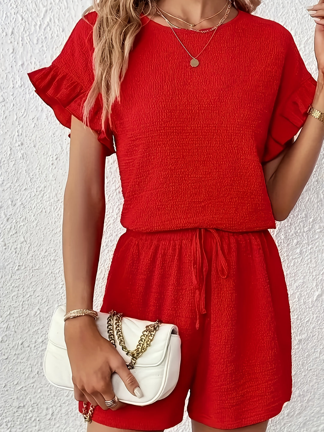 Tamira - Ensemble élégant top à manches courtes à volants et short taille haute à cordon
