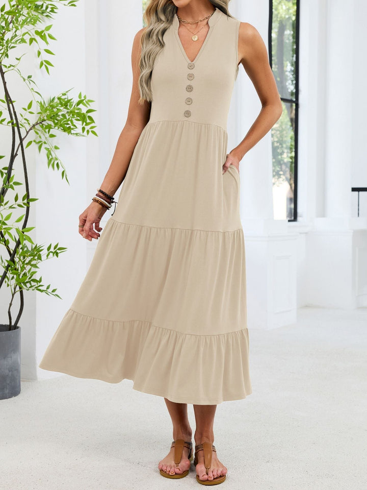 Vanira - Robe midi décontractée ample sans manches à col échancré et volants étagés