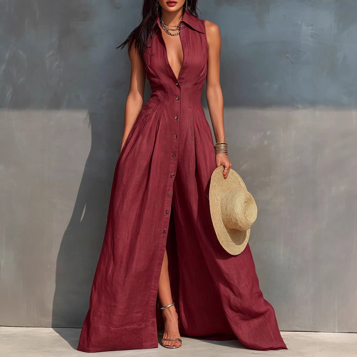 Mathilde - Robe longue élégante à taille haute et boutons