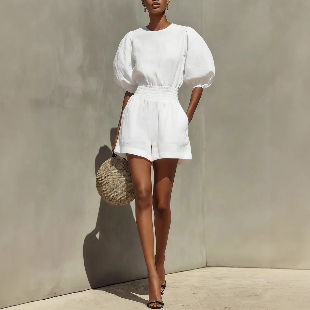 Romane - Ensemble décontracté composé d'une blouse à manches bouffantes et d'un short confortable