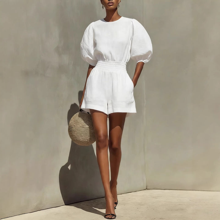 Romane - Ensemble décontracté composé d'une blouse à manches bouffantes et d'un short confortable