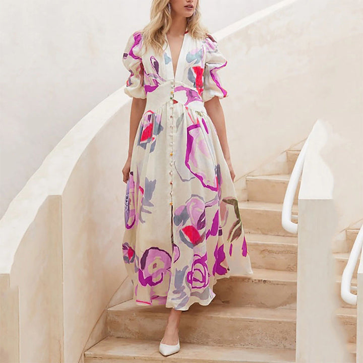 Zaynah - Robe longue élégante ample à col V avec imprimé floral