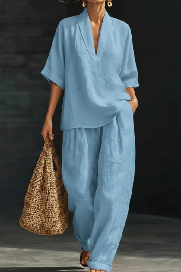 Zafrina - Ensemble décontracté ample avec haut col en V à manches mi-longues et pantalon
