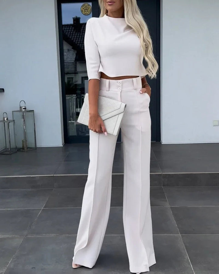 Mercy - Ensemble élégant blouse courte à manches mi-longues et pantalon taille haute