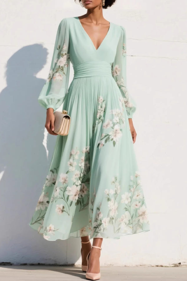Liza - Robe longue élégante à imprimé floral avec col en V, manches longues et taille ajustée