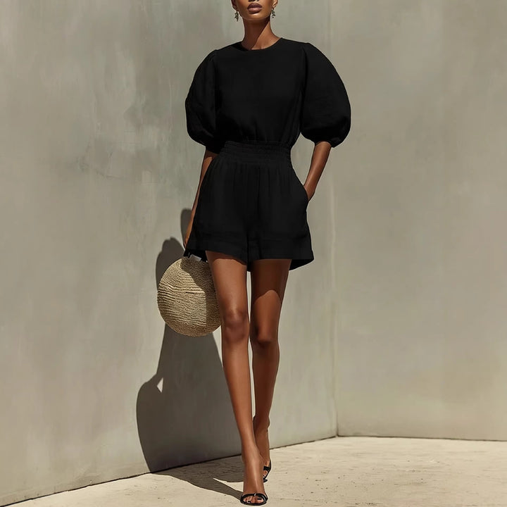 Romane - Ensemble décontracté composé d'une blouse à manches bouffantes et d'un short confortable