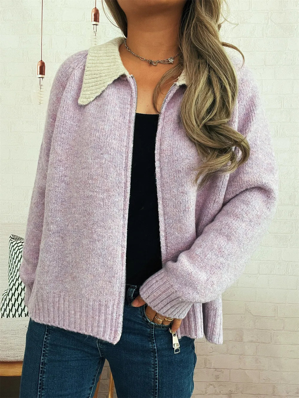 Zinaida - Cardigan élégant zippé avec col contrasté