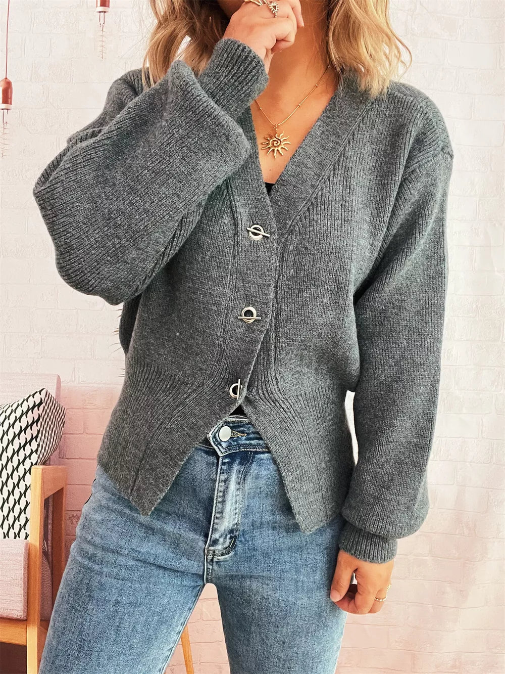 Michaela - Cardigan élégant en maille côtelée boutonné manches longues