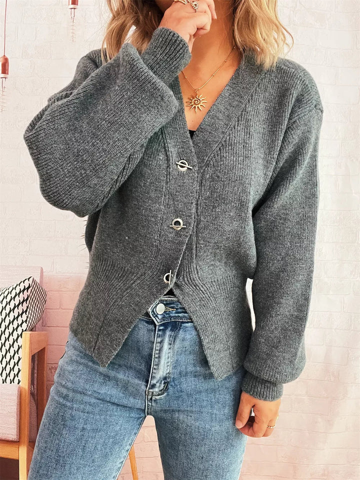 Michaela - Cardigan élégant en maille côtelée boutonné manches longues