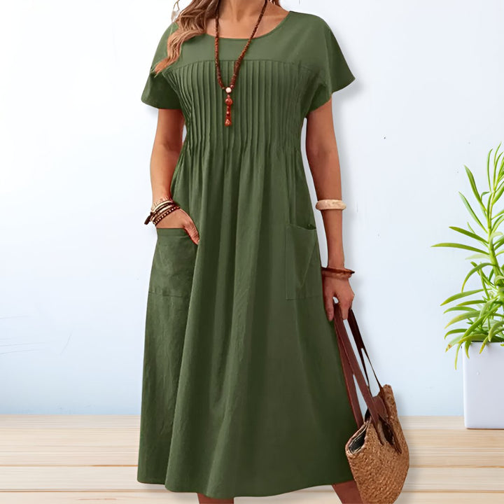 Velinda - Robe midi décontractée ample à col rond et manches mi-longues