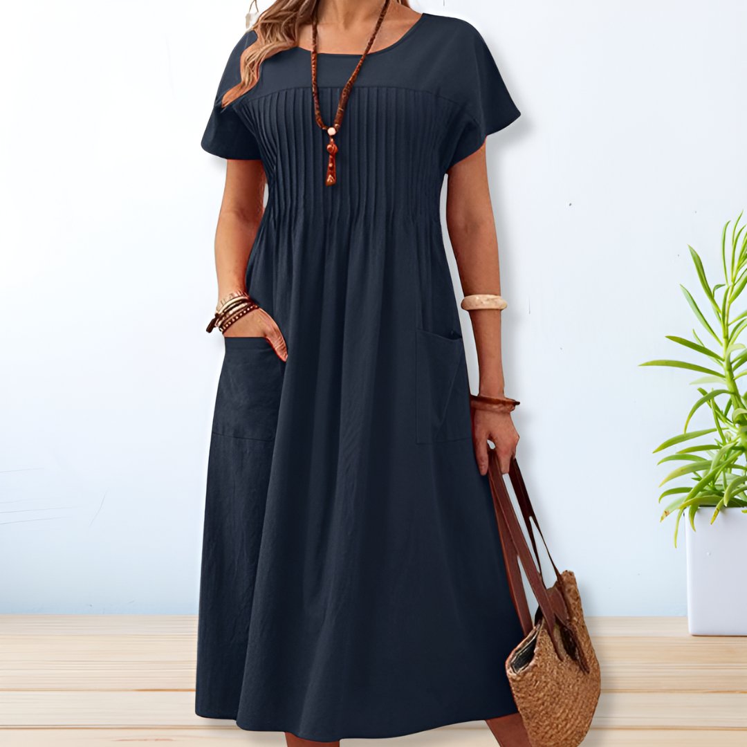 Velinda - Robe midi décontractée ample à col rond et manches mi-longues