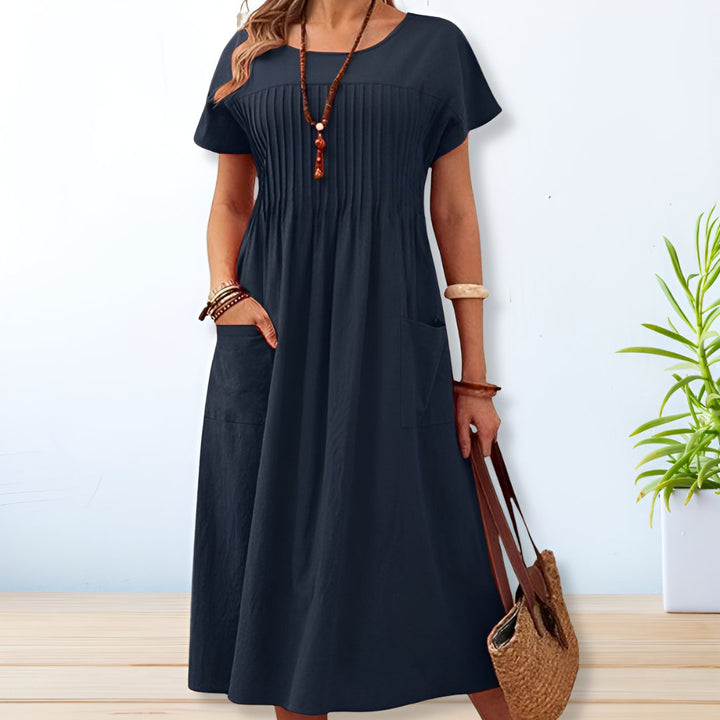 Velinda - Robe midi décontractée ample à col rond et manches mi-longues