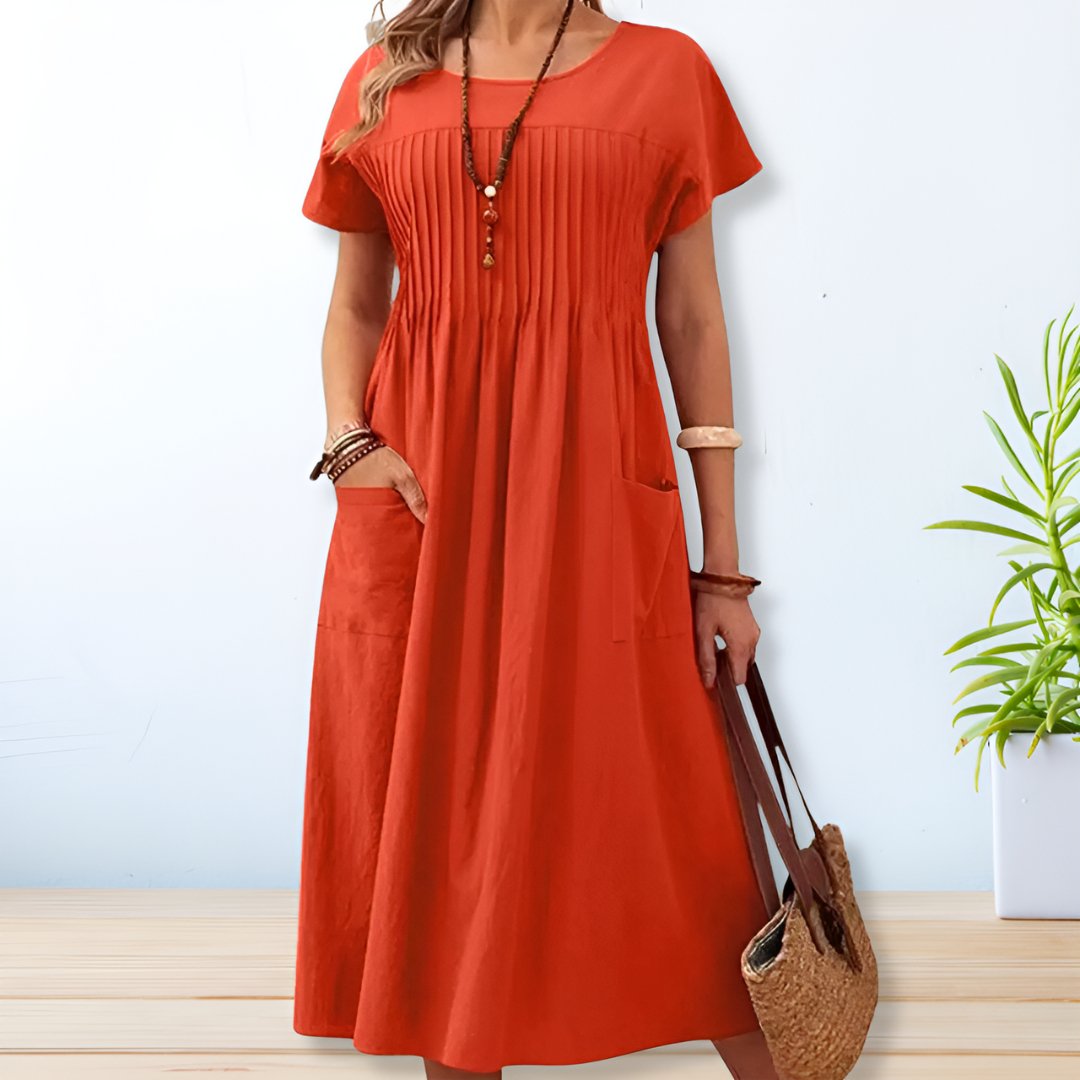 Velinda - Robe midi décontractée ample à col rond et manches mi-longues