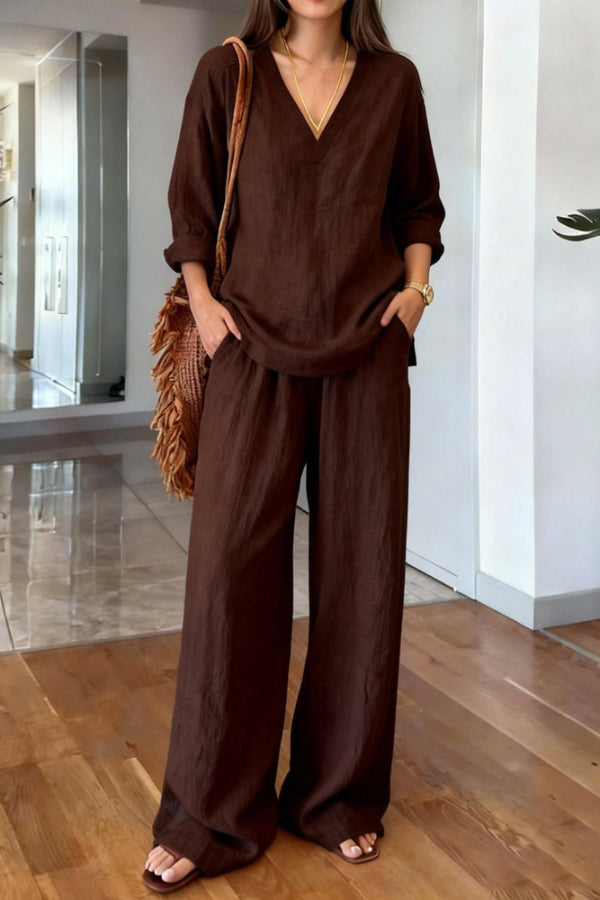 Zorina - Ensemble élégant blouse ample à col V manches longues et pantalon