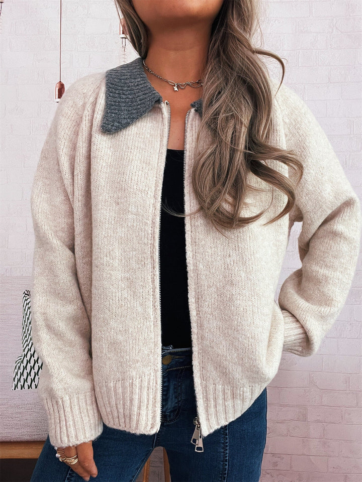 Zinaida - Cardigan élégant zippé avec col contrasté