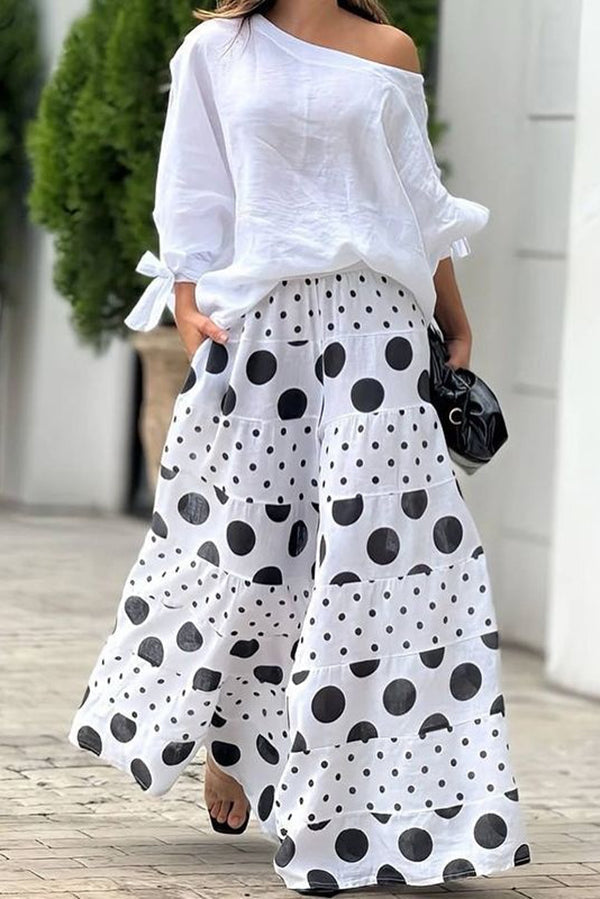 Vyra - Ensemble élégant blouse ample épaules dénudées et pantalon large à pois