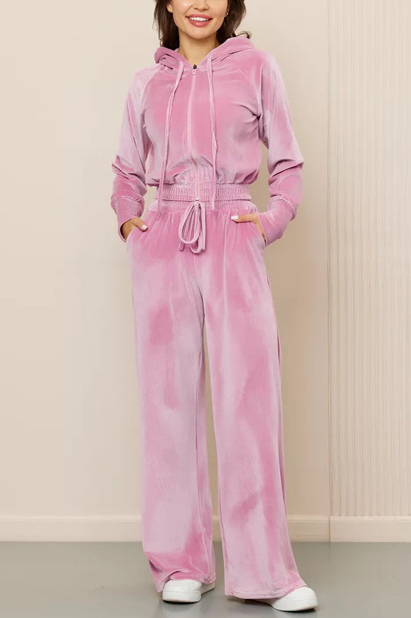 Daleyza - Ensemble élégant en velours avec veste courte zippée à capuche et pantalon droit