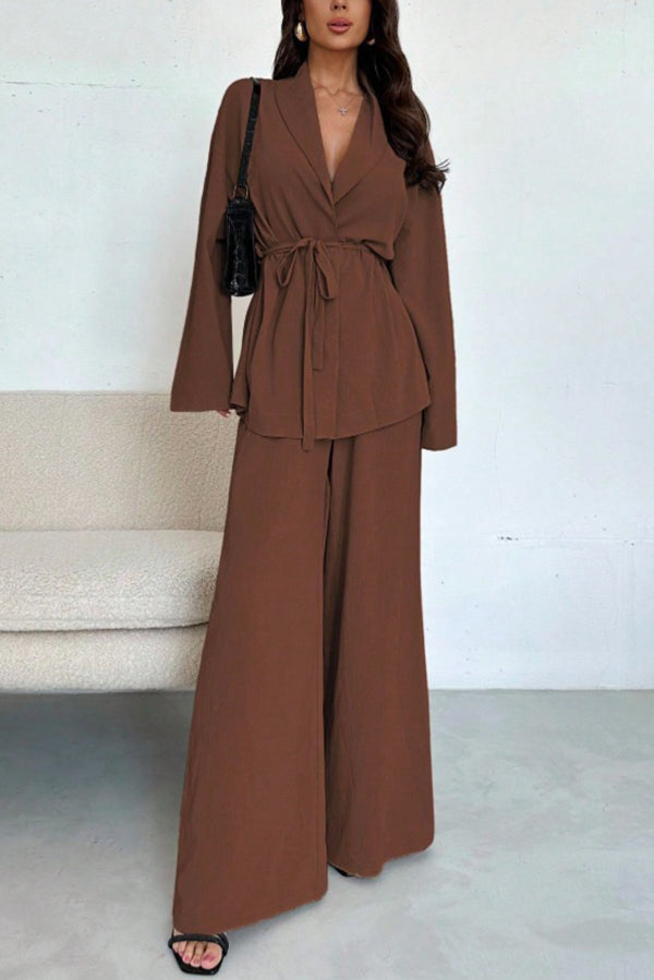 Whilma - Ensemble élégant blouse ample à manches longues avec taille nouée et pantalon large
