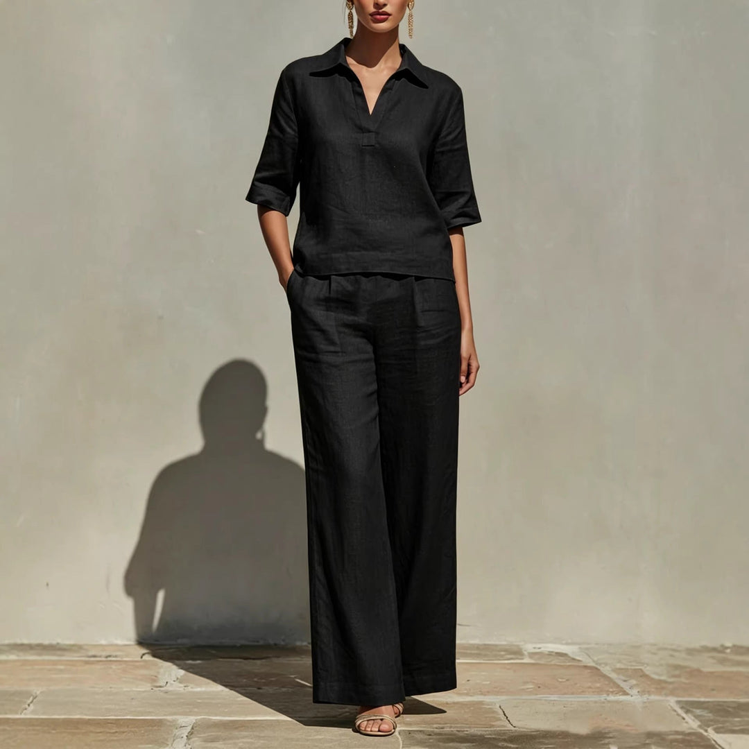 Lilou - Ensemble élégant composé d'un chemisier à épaules dénudées et d'un pantalon