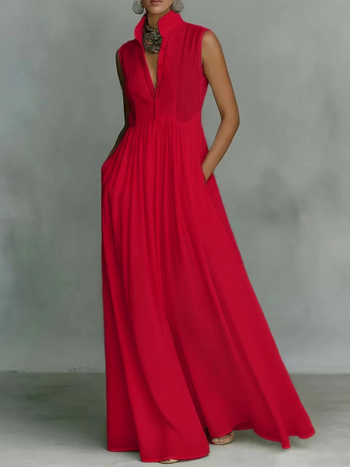 Christie - Robe longue élégante sans manches à col montant et boutons