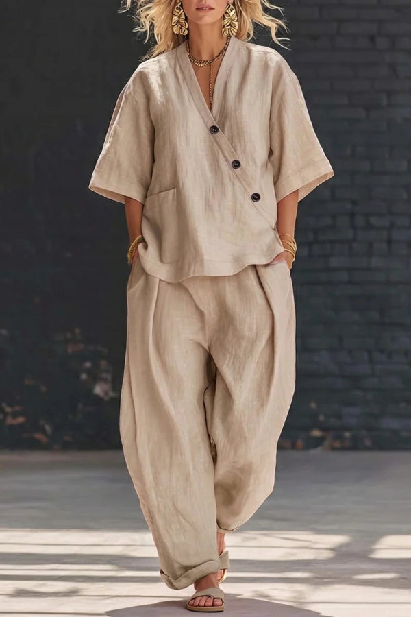 Wendelynn - Ensemble ample décontracté avec haut col en V à manches courtes et pantalon