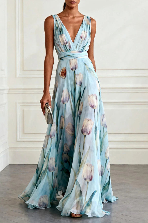 Vicky - Robe longue élégante sans manches à imprimé floral et col en V