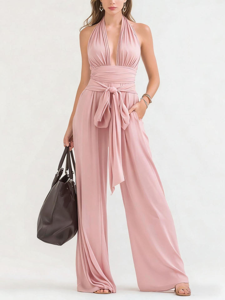 Alynna - Combinaison élégante à col halter, col V, taille nouée et jambes larges